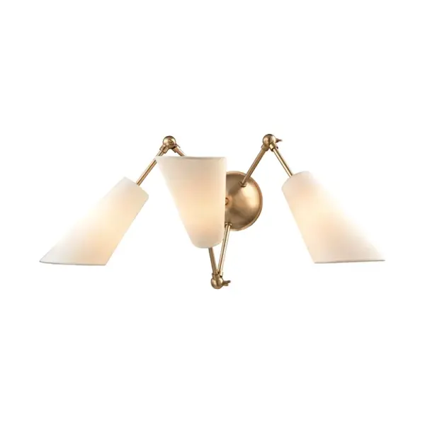 The Buckingham brings sophisticated traditional styling with its aged brass finish and white linen shades. At 27 inches wide, it makes a bold statement perfect for larger vanities or as a dramatic hallway accent.
