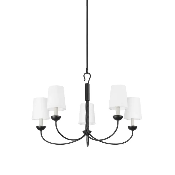 The Montpelier chandelier combines classic candle-style lighting with refined details like twisted central rod and hook-and-ring accents. White linen shades soften the light while the Aged Iron finish adds rustic sophistication.