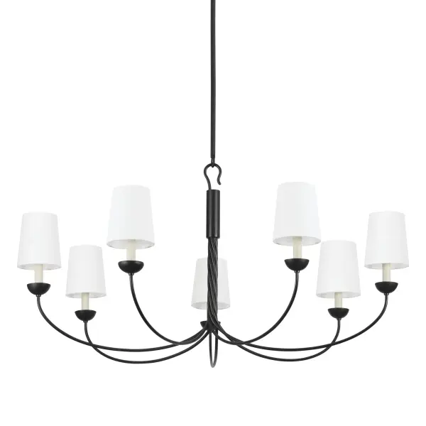 The Montpelier chandelier combines classic candle-style elegance with refined details like a twisted central rod and distinctive hook-and-ring accents. Its generous 48-inch width and white linen shades create a sophisticated focal point.