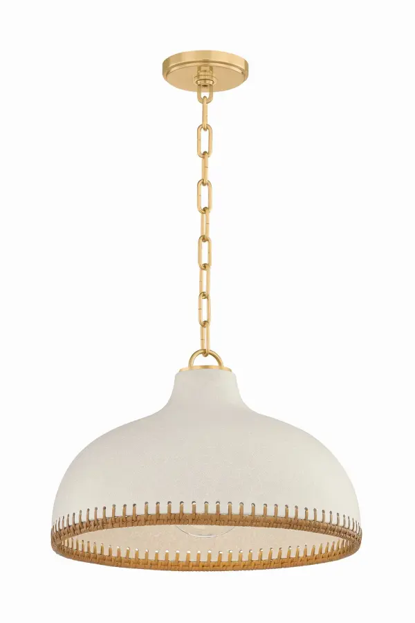 An earthy ceramic lighting family, Southfields is distinguished by its handcrafted details and thoughtful material contrasts. Finished in a Cream Pebble glaze, the textural surface introduces a natural warmth to the design. Strips of rattan are woven through the edge perforations, forming a natural decorative border that celebrates the hand of the artisan. Complemented by Aged Brass hardware, this family is available as a 1-light small, medium, or large pendant, as well as a 1-light flush mount. Due to the one-of-a-kind nature of the medium, exact colors and patterns may vary slightly from the image shown. Collection: Southfields Designer: Hudson Valley Lighting Finish: Aged Brass Glass: Rattan Weave Width: 16.25" Height: 10.75" Weight: 11.02 lb Chain: 54" Canopy: 4.75"x0.75" Number of Bulbs: 1 Maximum Wattage: 25.00 W Bulb Type: G40 Bulb Base: E26 Medium Voltage: 120.00 V Material: Ceramic Country of Origin: VN Safety Listing: UL/cUL Safety Rating: Damp Manufacturer Warranty: 1 Year Limited Manufacturer Spec Sheet Instructions