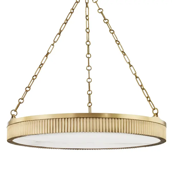 The Lynden brings sophisticated warmth to large spaces with eight candelabra lights diffused through natural alabaster. Its 30-inch linear profile and aged brass finish create a refined focal point perfect for modern dining rooms and upscale commercial settings.
