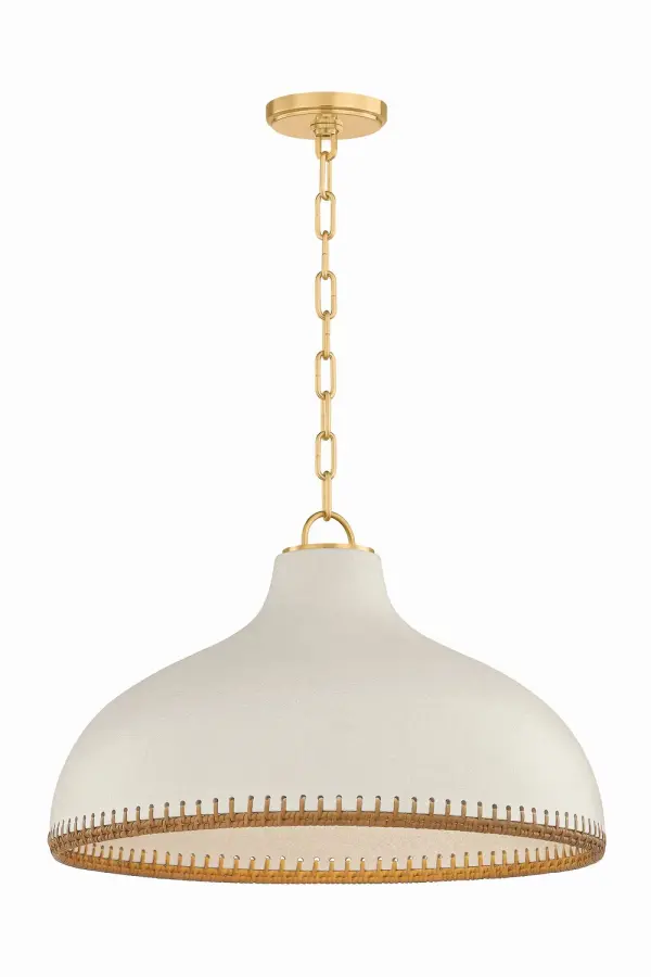 An earthy ceramic lighting family, Southfields is distinguished by its handcrafted details and thoughtful material contrasts. Finished in a Cream Pebble glaze, the textural surface introduces a natural warmth to the design. Strips of rattan are woven through the edge perforations, forming a natural decorative border that celebrates the hand of the artisan. Complemented by Aged Brass hardware, this family is available as a 1-light small, medium, or large pendant, as well as a 1-light flush mount. Due to the one-of-a-kind nature of the medium, exact colors and patterns may vary slightly from the image shown. Collection: Southfields Designer: Hudson Valley Lighting Finish: Aged Brass Glass: Rattan Weave Width: 21.00" Height: 13.75" Weight: 19.84 lb Chain: 54" Canopy: 4.75"x0.75" Number of Bulbs: 1 Maximum Wattage: 25.00 W Bulb Type: G40 Bulb Base: E26 Medium Voltage: 120.00 V Material: Ceramic Country of Origin: VN Safety Listing: UL/cUL Safety Rating: Damp Manufacturer Warranty: 1 Year Limited Manufacturer Spec Sheet Instructions