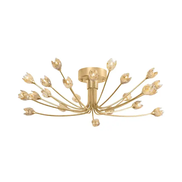 Falkirk transforms ceilings into botanical art with 22 delicate glass shades blooming from vintage gold branches. The sprawling design creates dramatic visual impact while the semi-flush profile keeps it practical for standard ceiling heights.