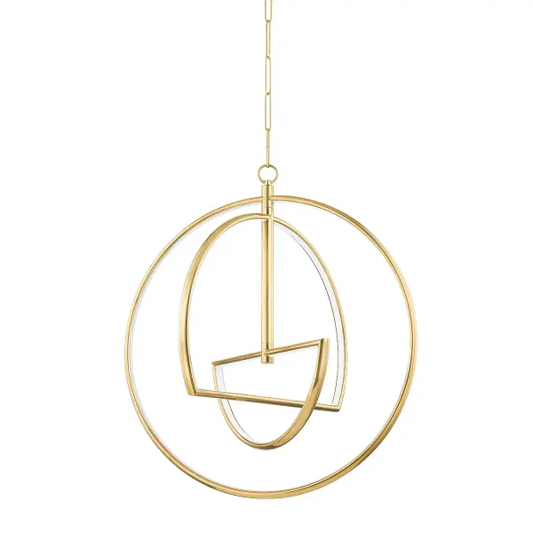 The Welland chandelier features layered geometric LED shapes that create an airy, architectural presence. Its integrated LED technology, warm brass finish, and clean lines make it a sophisticated choice for modern interiors.