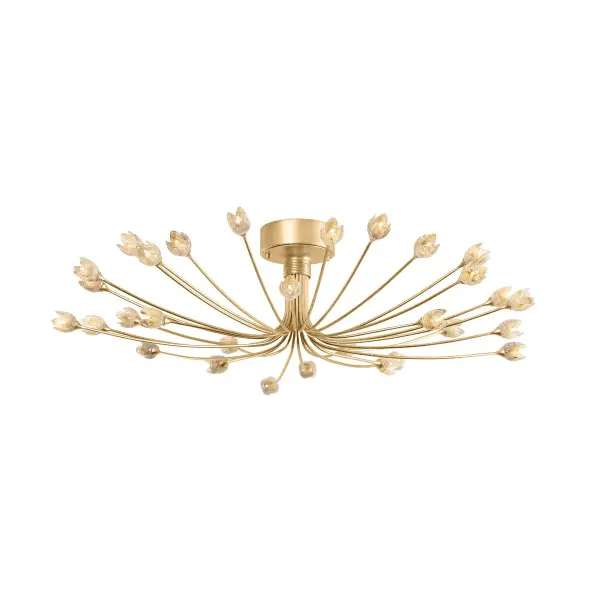 Falkirk transforms ceilings into blooming gardens with 30 delicate champagne glass shades on sprawling gold arms. The whimsical design balances glamour with organic beauty, creating an unforgettable focal point in spacious rooms.