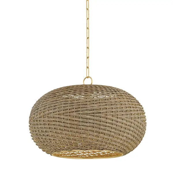 The Penarth pendant masterfully blends organic materiality with refined metallic detailing. Its diagonal woven seagrass creates a dynamic spiral pattern that filters light beautifully, while the Aged Brass rim adds warmth and sophistication.