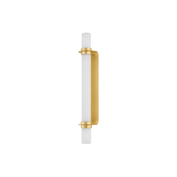 The Groveland Station combines clean contemporary lines with warm aged brass and soft matte cloud glass. Its innovative curved backplate reflects light beautifully while the integrated LED provides efficient, high-quality illumination.