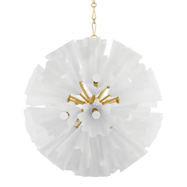 The Capri transforms the classic sputnik silhouette with wavy, floral-inspired opal glass shades that create a natural, ruffled effect. This oversized 33-light statement piece fills grand spaces with warm, tranquil illumination while serving as sculptural art.