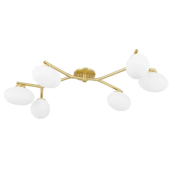 The Wagner brings sophisticated linear design to spaces with lower ceilings. Its aged brass finish and opal etched glass shades create warm, diffused light perfect for dining and living areas.