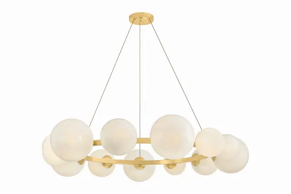 The Pacama makes a dramatic impact with 13 artfully arranged seeded glass globes along a 55-inch metal ring. The textured cloud glass creates an atmospheric glow perfect for large dining rooms and grand spaces.