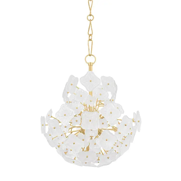 The Barrytown transforms traditional empire chandelier design with nature-inspired Piastra glass flowers. Each translucent bloom features delicate etching and a central gold bead, creating soft ambient light with artistic flair.