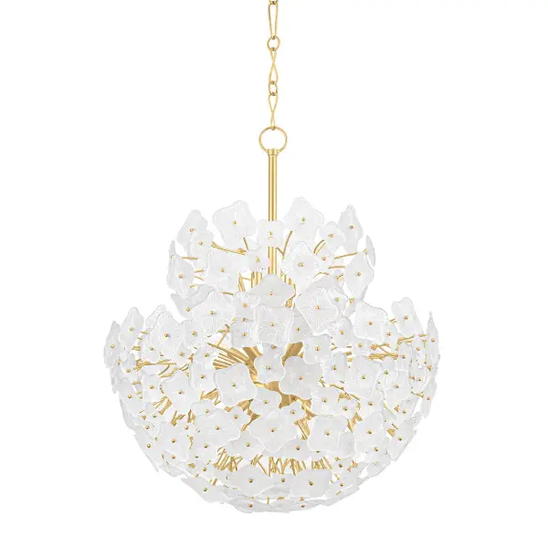 The Barrytown transforms any space with its 13 hand-crafted Piastra glass flowers, each etched and centered with a vintage gold bead. At 34" wide, this statement piece delivers soft, ambient lighting perfect for formal dining or grand entryways.