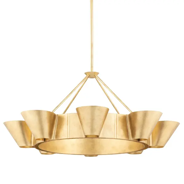 The Reeve brings dramatic scale and warm metallic elegance to large spaces. Its 37.5-inch linear form and vintage gold leaf finish create a sophisticated focal point perfect for modern and transitional interiors.