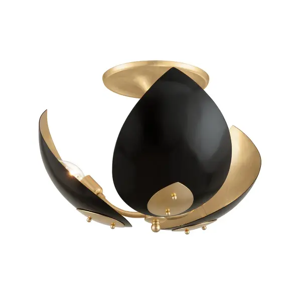 This Hudson Valley semi-flush mount combines sophisticated gold leaf and black finishes for a refined contemporary look. The three-light configuration provides ample illumination while maintaining a low profile ideal for standard ceiling heights.