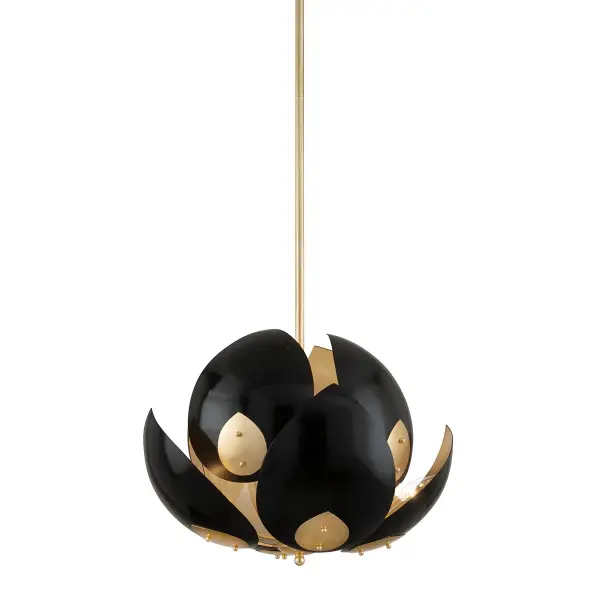 This substantial eight-light chandelier combines luxurious gold leaf with bold black accents for a sophisticated contemporary look. The multi-arm design provides excellent illumination while making a strong visual statement in large spaces.