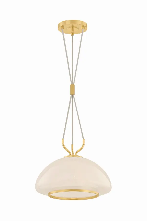 The Baudette combines handcrafted seedy glass with adjustable fabric cords for a unique, customizable look. Its warm aged brass finish and organic glass texture bring character to transitional and farmhouse spaces.