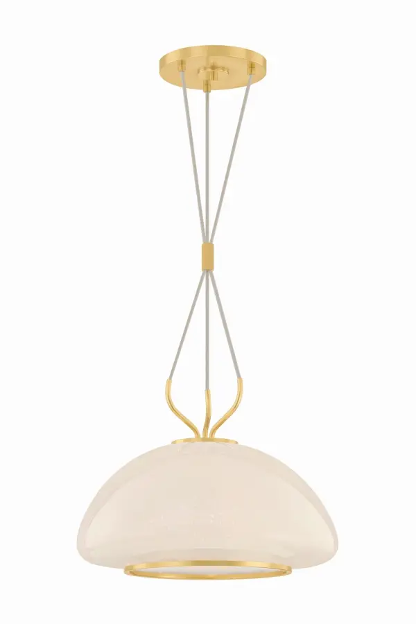 The Baudette combines handcrafted seedy glass with adjustable fabric cords for a unique, customizable look. Its warm aged brass finish and organic texture bring character to transitional and farmhouse spaces.