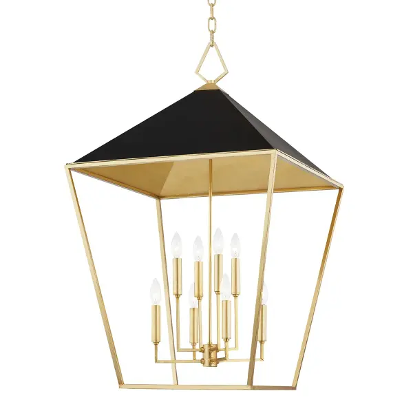 This commanding eight-light pendant combines sophisticated gold leaf with bold black accents, creating a striking focal point for grand spaces. The multi-light configuration delivers substantial illumination while maintaining elegant proportions.