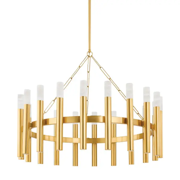 Pali reimagines the classic candelabra with clean modern symmetry and luxurious materials. Twenty candle sleeves in aged brass are topped with natural alabaster that creates a warm, reverential glow. The substantial 42-inch width commands attention in large spaces.