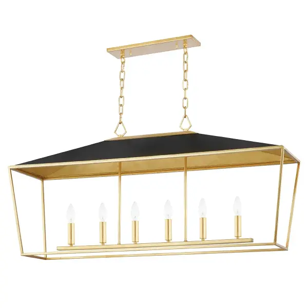 This 6-light island pendant from Hudson Valley Lighting delivers refined elegance with its striking gold leaf and black two-tone finish. The linear design provides excellent task lighting while serving as a statement piece over kitchen islands and dining tables.