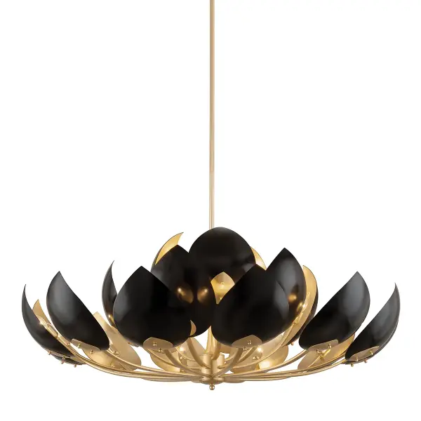This grand-scale chandelier makes a bold architectural statement with 21 lights arranged in a striking contemporary design. The luxurious gold leaf and black finish combination adds sophisticated drama to large spaces.