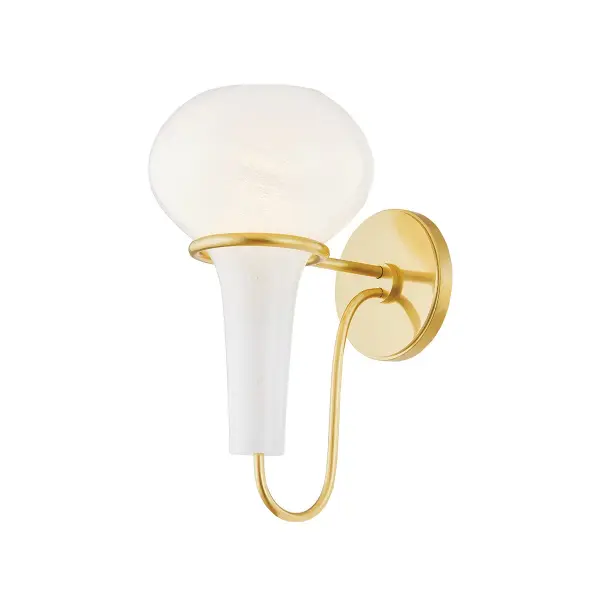 The Adams Corner sconce reimagines classic design with its distinctive upside-down pear-shaped cloud glass shade and swooping J-arm. The delicate metal framework in Aged Brass creates a luxurious accent perfect for intimate spaces.