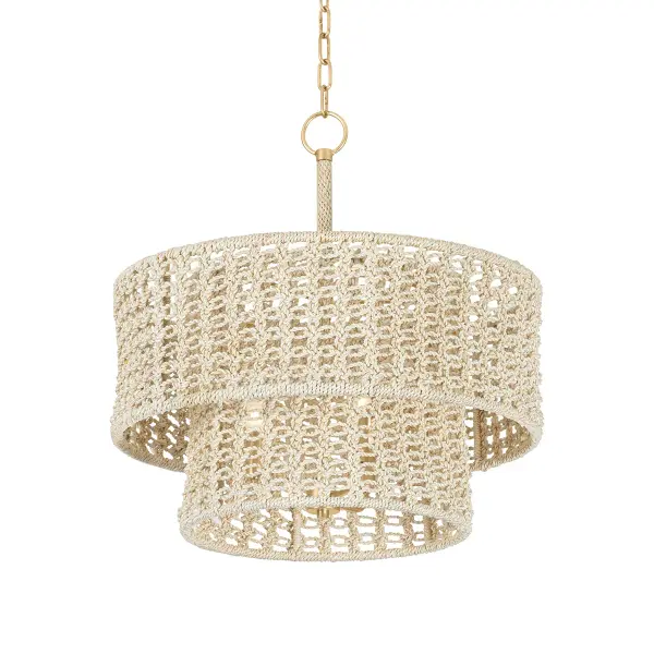 The Yorkhill pendant brings bohemian charm with its handwoven bleached abaca rope construction and two-tier drum design. The Vintage Gold Leaf hardware adds warmth while the natural texture creates soft, filtered light perfect for casual dining spaces.