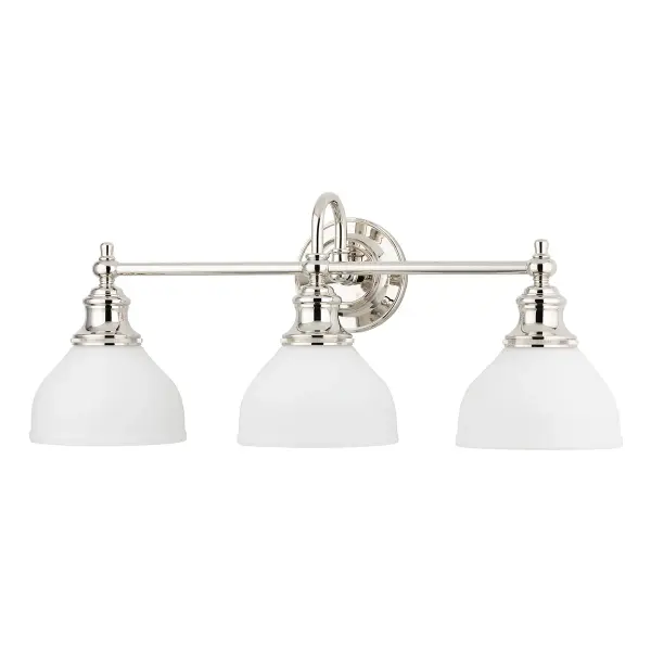 The Sutton bath bracket delivers abundant, even illumination with three A19 bulbs housed in opal matte glass shades. Its 26-inch width makes it ideal for double vanities, while the polished nickel finish adds refined elegance to any bathroom.