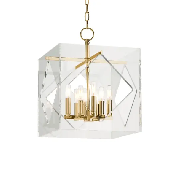 The Travis lantern brings timeless elegance with its eight-light configuration and aged brass finish. The 16-inch square frame with clear glass panels creates a sophisticated focal point ideal for entryways and dining spaces.
