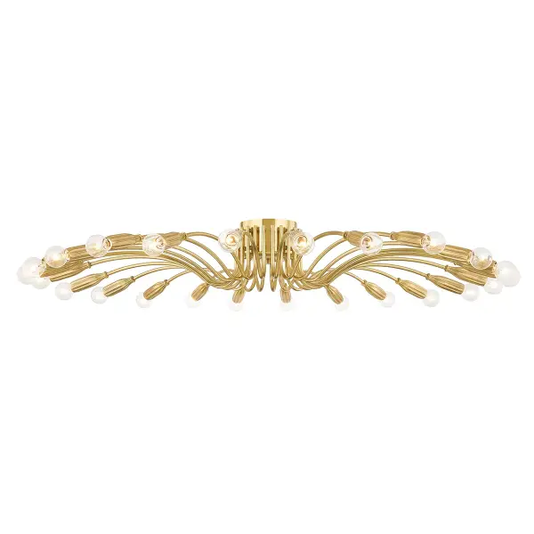 A show-stopping semi-flush chandelier that commands attention with its sprawling 49-inch diameter and 24 glass globes. The machined Aged Brass arms and fluted socket cups deliver authentic mid-century sophistication with contemporary refinement.