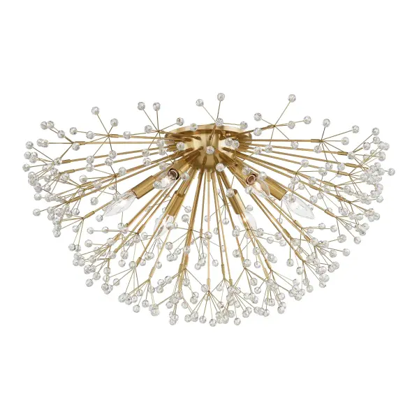 The Dunkirk brings substantial presence with its 30-inch diameter and six-light configuration. The aged brass finish adds warmth and sophistication, while the semi-flush design works beautifully in rooms with standard to high ceilings.