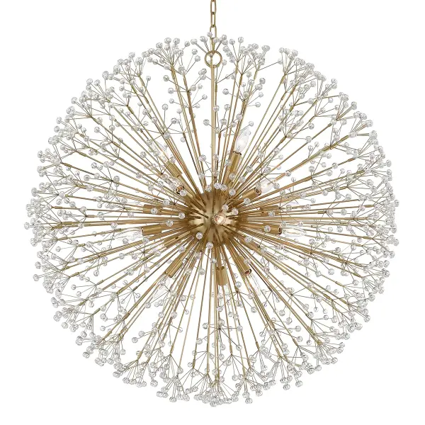 The Dunkirk makes a commanding impression with 16 candelabra lights arranged in a 40-inch square frame. Its aged brass finish and substantial scale create a focal point worthy of grand dining rooms and two-story foyers.