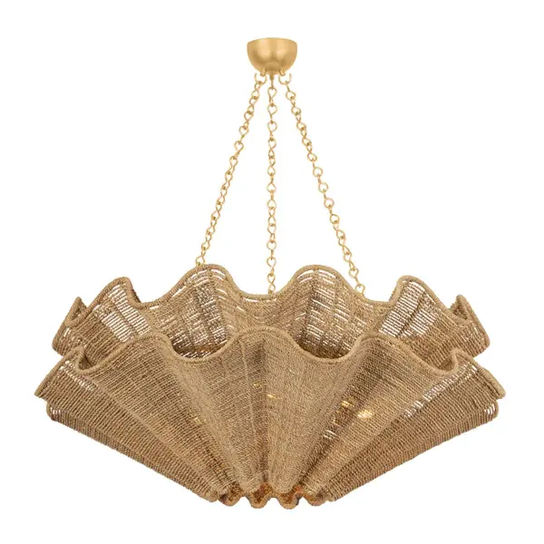 Recalling the silhouette of a clamshell, the Hayworth chandelier puts an artisanal spin on coastal design. Two large shades woven from neutral-hued abaca rope nest together, creating a dense, yet airy shade. A triple-chain suspension in Vintage Gold Leaf supports the fixture as it floats above dining tables and entryways. Available with 6 or 8 lights. Due to the one-of-a-kind nature of the medium, exact colors and patterns may vary slightly from the image shown. Collection: Hayworth Designer: Hudson Valley Lighting Finish: Vintage Gold Leaf Glass: Abaca Width: 44.00" Height: 17.75" Weight: 27.50 lb Chain: 54" Canopy: 4.75"x2.75" Number of Bulbs: 8 Maximum Wattage: 10.00 W Bulb Type: B11 Bulb Base: E12 Candelabra Voltage: 120.00 V Material: Natural Woven Country of Origin: PH Safety Listing: UL/cUL Safety Rating: Damp Manufacturer Warranty: 1 Year Limited Manufacturer Spec Sheet Instructions