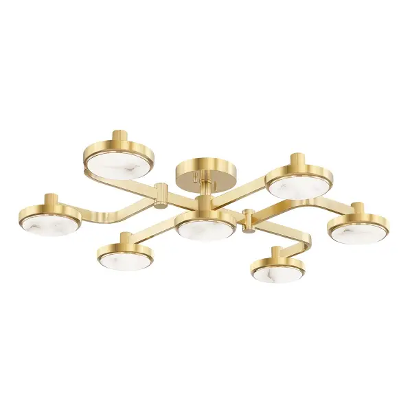 The Meander brings artistic movement to ceiling lighting with its flowing, organic design. The aged brass finish paired with alabaster glass creates warm, diffused illumination ideal for larger spaces. High CRI and integrated LED ensure excellent color rendering.