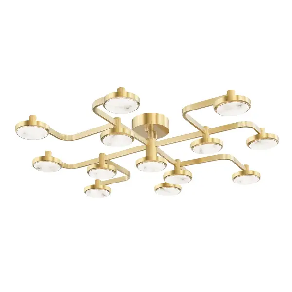 The Meander is a dramatic 43-inch semi-flush fixture that brings architectural presence to large spaces. Its flowing, organic design in aged brass with natural alabaster creates a sophisticated focal point with museum-quality appeal.