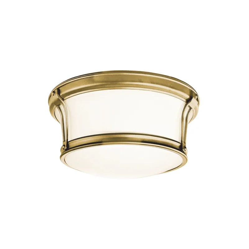 Newport Two Light Flush Mount in Aged Brass