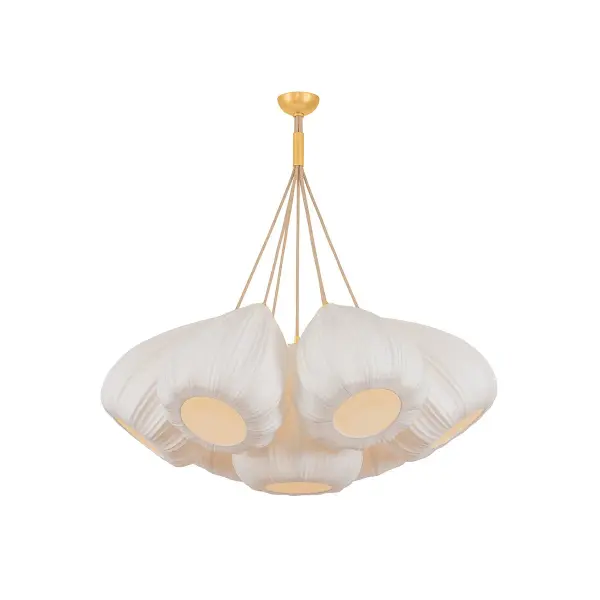 The Livonia chandelier reimagines a classic "bunch of grapes" silhouette with a fresh, nature-inspired design. Delicate, pod-like shades gather in a relaxed arrangement that emits multidirectional illumination. Constructed of handcrafted paper, the forms are defined by a subtle ribbing that adds a level of tactility. The metal stem is finished in a Vintage Gold Leaf and covered with jute cord, extending the fixture's natural narrative. Due to the one-of-a-kind nature of the medium, exact colors and patterns may vary slightly from the image shown. Collection: Livonia Designer: Hudson Valley Lighting Finish: Vintage Gold Leaf Glass: Handmade Paper Width: 40.00" Height: 40.25" Weight: 9.90 lb Wire: 120" Jute Wrapped Canopy: 4.75"x2.00" Number of Bulbs: 7 Maximum Wattage: 15.00 W Bulb Type: G25 Bulb Base: E26 Medium Voltage: 120.00 V Material: Textile Country of Origin: PH Safety Listing: UL/cUL Safety Rating: Damp Manufacturer Warranty: 1 Year Limited Manufacturer Spec Sheet Instructions