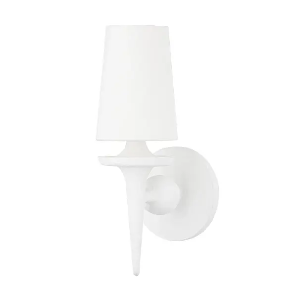 The Torch sconce reimagines traditional forms with sleek, sculptural arms and a sophisticated white plaster finish. The Belgian linen shade provides soft, diffused light while the monochromatic palette creates a refined, versatile aesthetic.