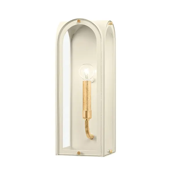 This Hudson Valley wall sconce combines vintage gold leaf metalwork with a soft sand fabric shade, creating a warm, sophisticated accent. The transitional design works beautifully in both traditional and contemporary spaces.