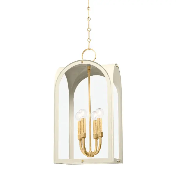 This sophisticated lantern pendant combines vintage gold leaf metalwork with soft sand fabric shades, creating a warm, inviting glow. Perfect for traditional and transitional interiors seeking refined elegance.