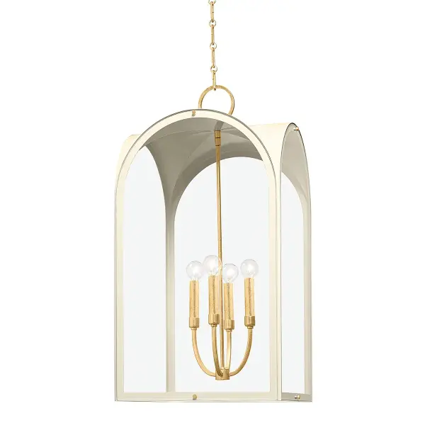 This sophisticated lantern pendant combines vintage gold leaf metalwork with soft sand fabric shades, creating a warm, inviting glow. Perfect for traditional and transitional interiors seeking refined elegance.