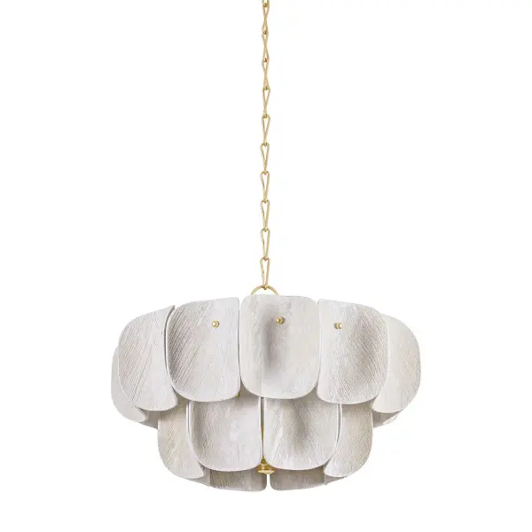 The Amalfi chandelier brings natural beauty indoors with handcrafted coco fiber panels that create a warm, layered glow. The vintage gold leaf metalwork adds refined elegance while the tiered silhouette allows light to escape at multiple levels for ambient illumination.