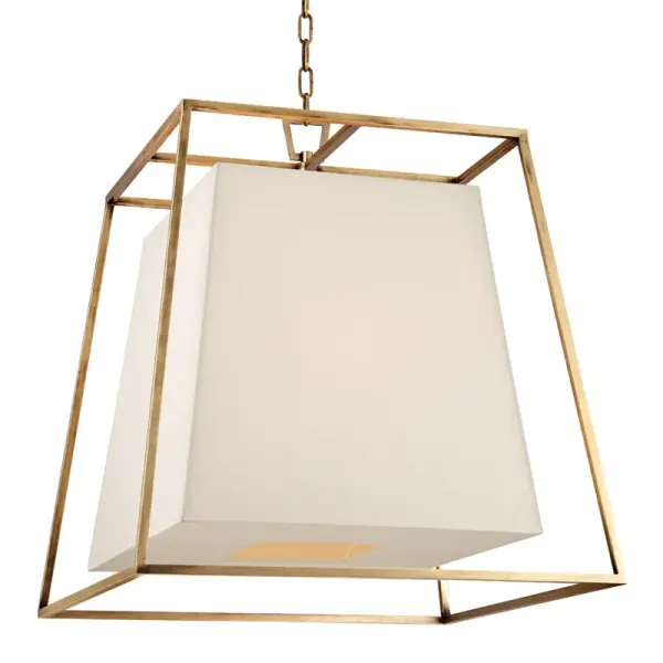 Kyle delivers sophisticated simplicity with its geometric frame and soft fabric shades. The aged brass finish adds warmth while the clean lines maintain modern appeal. Versatile sizing works beautifully over dining tables and kitchen islands.