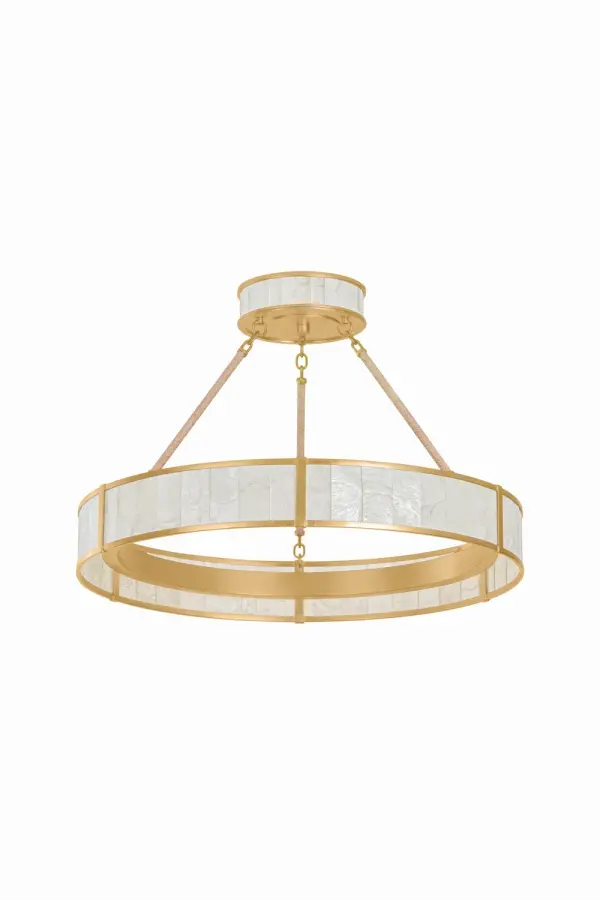 The Halcott brings coastal elegance with its capiz shell panels that shimmer like mother-of-pearl. The vintage gold leaf frame and abaca rope detailing create a sophisticated organic aesthetic perfect for transitional and coastal interiors.