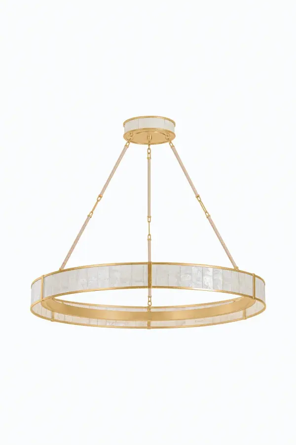 The Halcott brings coastal elegance with its luminous capiz shell panels and abaca rope-wrapped suspension. The 42-inch ring design creates a dramatic focal point while the integrated LED provides warm, efficient lighting.