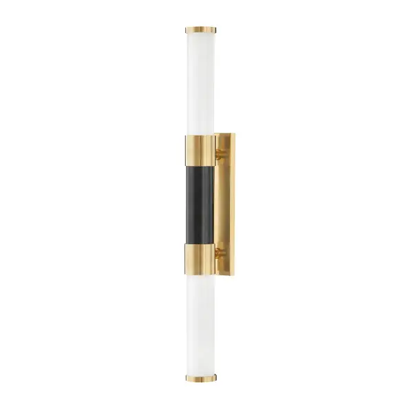 The Huntington wall sconce delivers sophisticated linear lighting with milk glass tubes and soft black accents. Its slender 24.75-inch profile and integrated LED make it ideal for modern bathrooms and hallways seeking refined illumination.