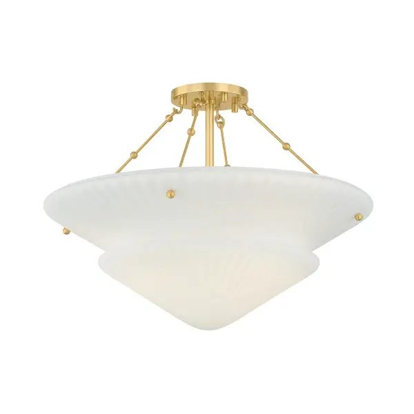The Loburn brings Art Deco sophistication to any space with its distinctive scalloped opal glass shade that resembles tiered feathers. The minimal Aged Brass frame creates a floating effect while the radiant glass provides soft, ambient illumination.