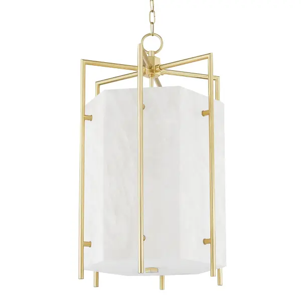The Flatbush lantern commands attention with its substantial 19-inch hexagonal frame and warm aged brass finish. Six LED lights illuminate through handcrafted alabaster glass panels, creating a sophisticated glow perfect for grand entryways and formal dining spaces.