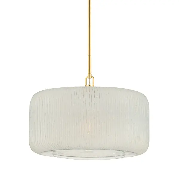 The Beechurst pendant showcases hand-cut Indian glass in an exquisite chiseled pattern that creates beautiful light diffusion. The 20-inch wide drum shade and Aged Brass metalwork deliver sophisticated style for transitional and contemporary spaces.