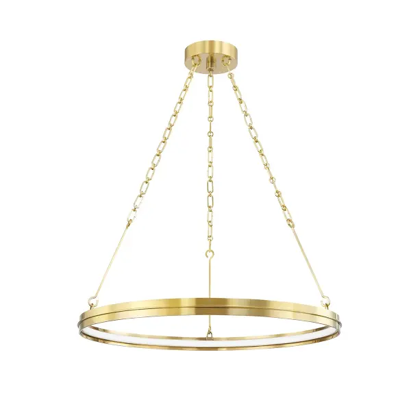 The Rosendale offers a contemporary linear profile with integrated LED technology in a warm Aged Brass finish. Its slim 2.25-inch height and 28-inch width make it ideal for modern dining spaces and kitchen islands.